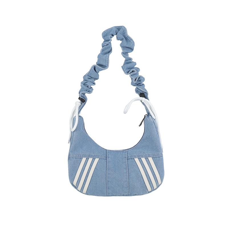 Fashion Denim Hobo Bag Ruched Strap Striped Design Zipper Closure Casual Shoulder Purse for Women