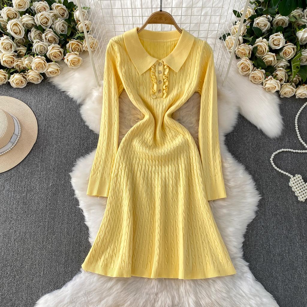 Autumn Winter High Waist Polo Knitted Umbrella Dresses  New Long Sleeve Casual Loose Sweater A-line Dresses Female