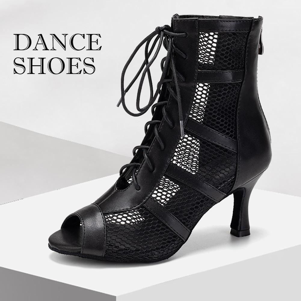 Girls Ladies Sexy Latin Lace Up Jazz Dance Shoes Mesh Breath High Top Dancing Boots  High Heels 7.5CM
