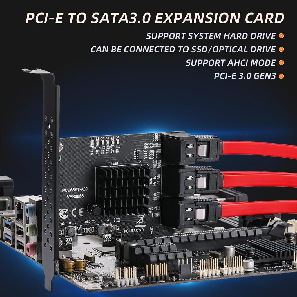 PCIe SATA Expansion Card, 6-Port, 6Gbps SupportPCIe 3.0 x4Plug & PlayLow Profile Bracket & Cable IncludedWindows, Linux, NAS CompatibleHigh-Speed