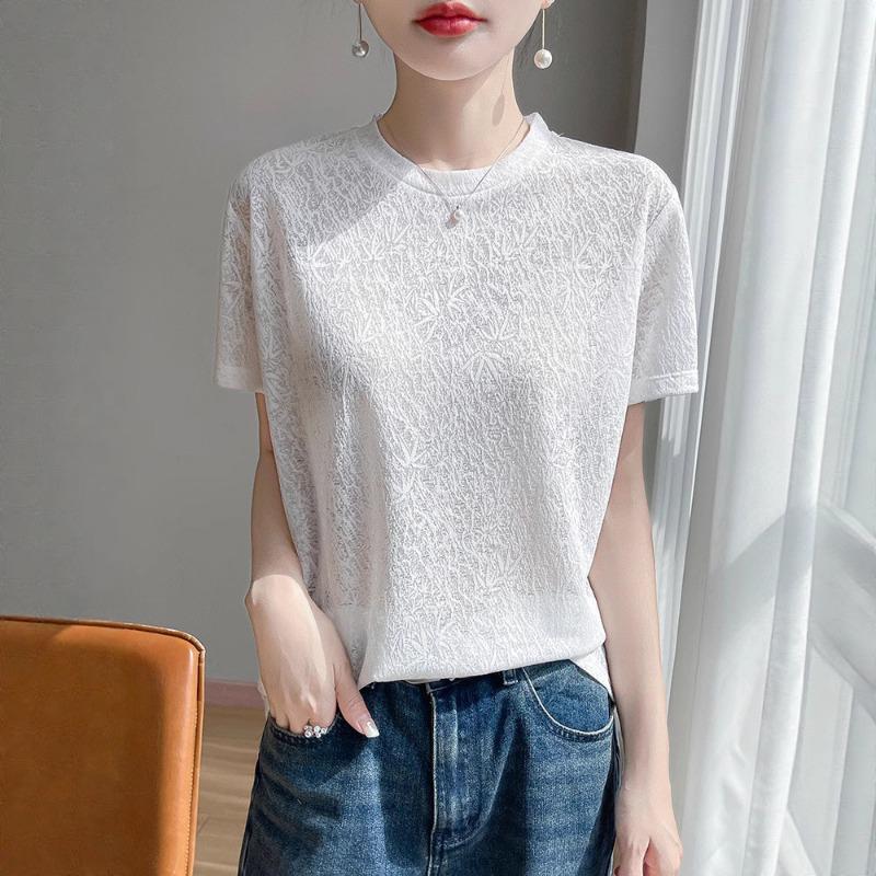 A New Summer Style Jacquard Tencel Knitted Short-sleeved Women's Round-neck Knitted T-shirt