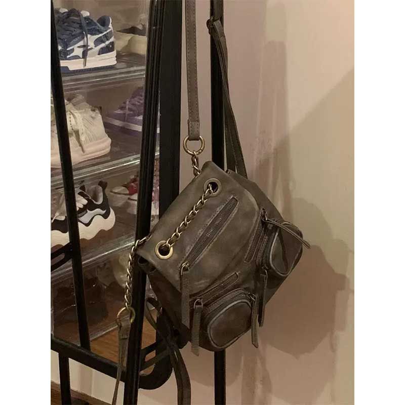

JIAERDI Vintage Chain Coffee Backpack Women Leather Large Capacity Multi Pocket Handbag Ladies Y2k Harajuku Mochilas Mujer 2025 19x23x14cm кофейный