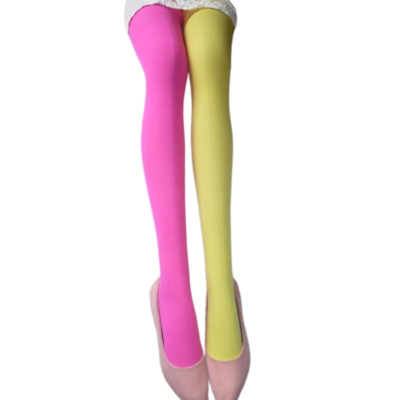 Two Tone Candy Colored Contrast Tights Stockings Open Crotch Designs Asymmetrical Multicolor Pantyhose Hosiery for Women