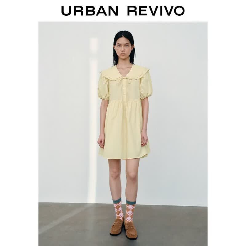 UR2026 Women s Pastel Ruffle Neck Tie-Waist Pleated Dress M