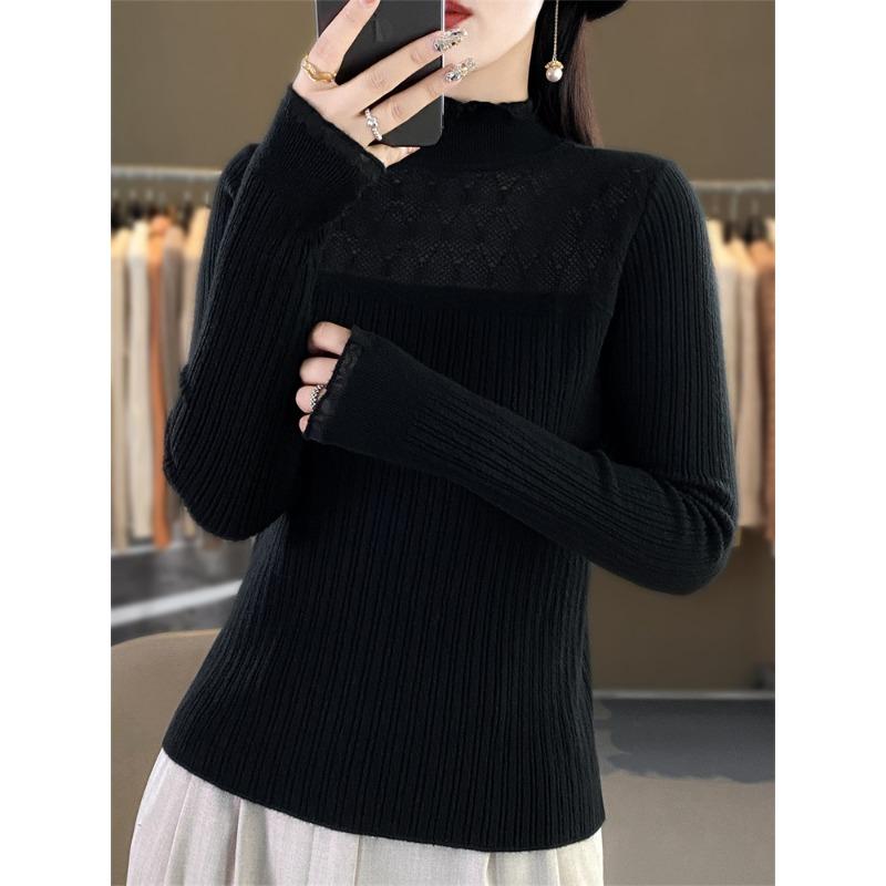 

Осенне-зимняя новая облегающая базовая рубашка из кружева органзы для женщин, универсальный ажурный трикотажный свитер с длинными рукавами для женщин S