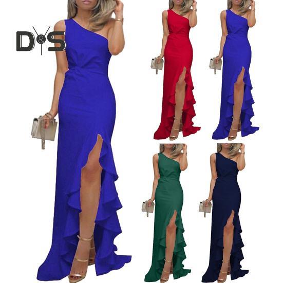 Damen-Abendkleid, einschulterlang, geschlitzter Saum, Rüschen, einfarbig, schmale Passform, schräger Ausschnitt, ärmellos, rückenfrei, bodenlang, Damen-Abschlussball-Maxikleid