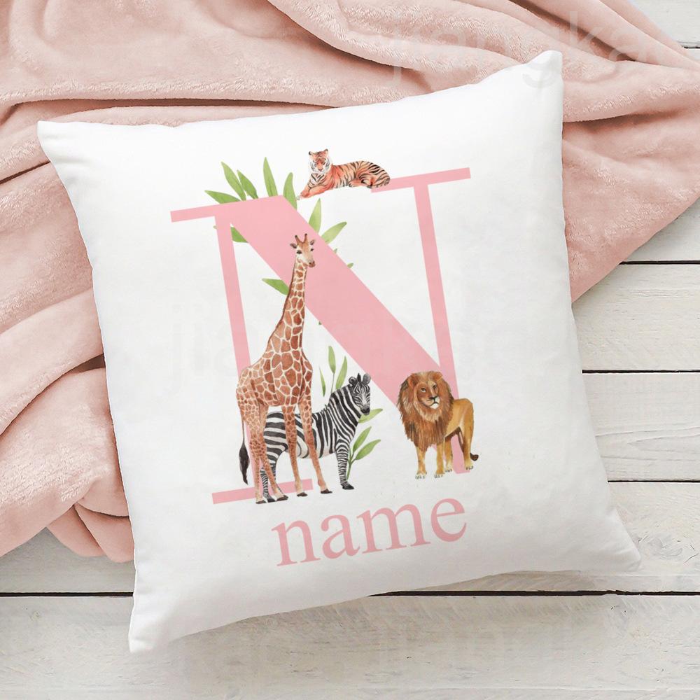 Personalized Pillow Case Initial with Name Safari Animal Pillow Cover Kids Bedroom Wild Party Decor Kids Birthday Shower Gift