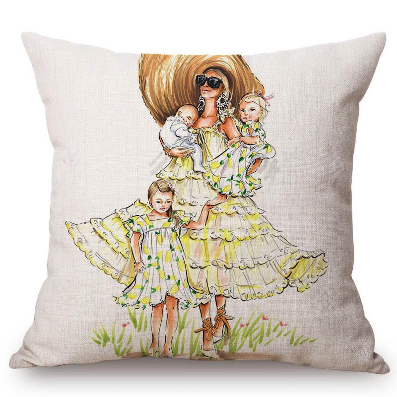 Baby Mother Parenting Art Cozy Family Hand Drawing Sketch Home Decoration Cotton Linen Sofa Throw Pillow Case Car Cushion Cover