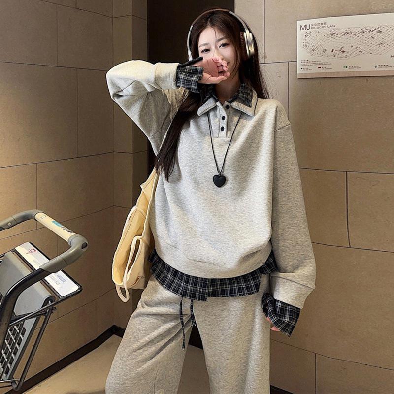 2026 Spring Korean Style Maternity Set: Retro Patchwork Shirt + Wide-Leg Pants 2XL