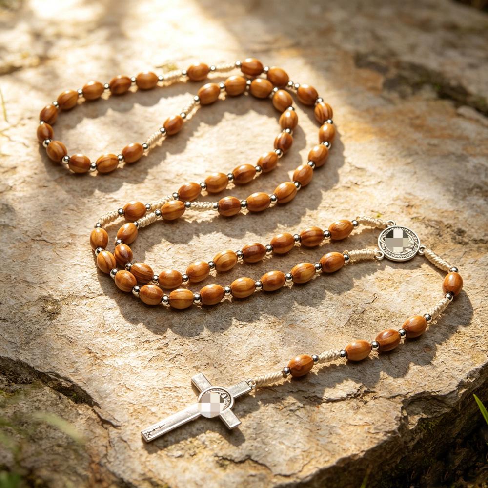 Natural Pine Wood Imitation Prayer Beads Necklace with Spacer Beads, Handwoven Cross-Border Ornament (10x8 Beads)