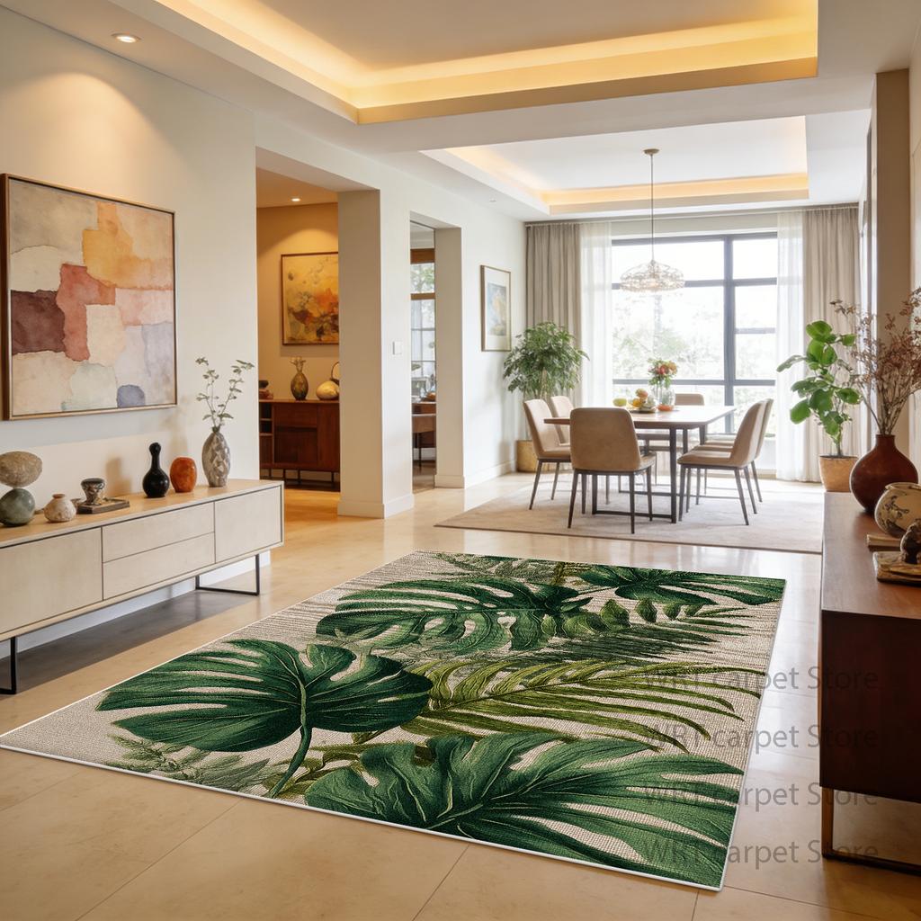 Tropical Plant Living Room Dining Room Area Rugs Green Decoration Machine Washable Rug Patio Foldable Antiskid Floor Mat Fluffy