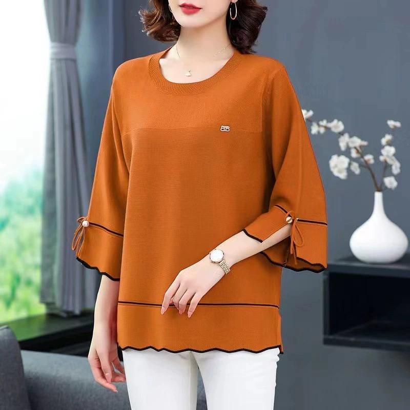 Elegant Chic Hollow Beaded Bow Three Quarter Sleeve Knitwears Women Simple Casual Loose Solid Pullover Knit Top Clothing