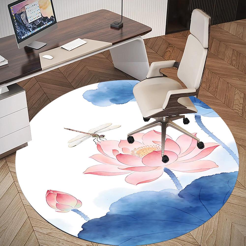 1pc Lotus Dragonfly Round Chair Mat Office Area Rug - Non-Slip, Floor Mat for Office, Bedroom, and Indoor Decor P127044