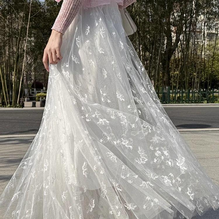 Fustă Midi A-Line din Tul cu Talie Înaltă pentru Femei, Primăvară/Vară - Croială Slim-Fit cu Broderie Fluturi, Imprimeu Floral și Estetică Dulce de Zână