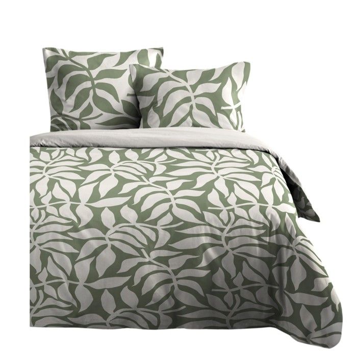 Housse de couette et taies - Hakol - 220 x 240 cm - 100% coton - Motif feuillage vert et blanc