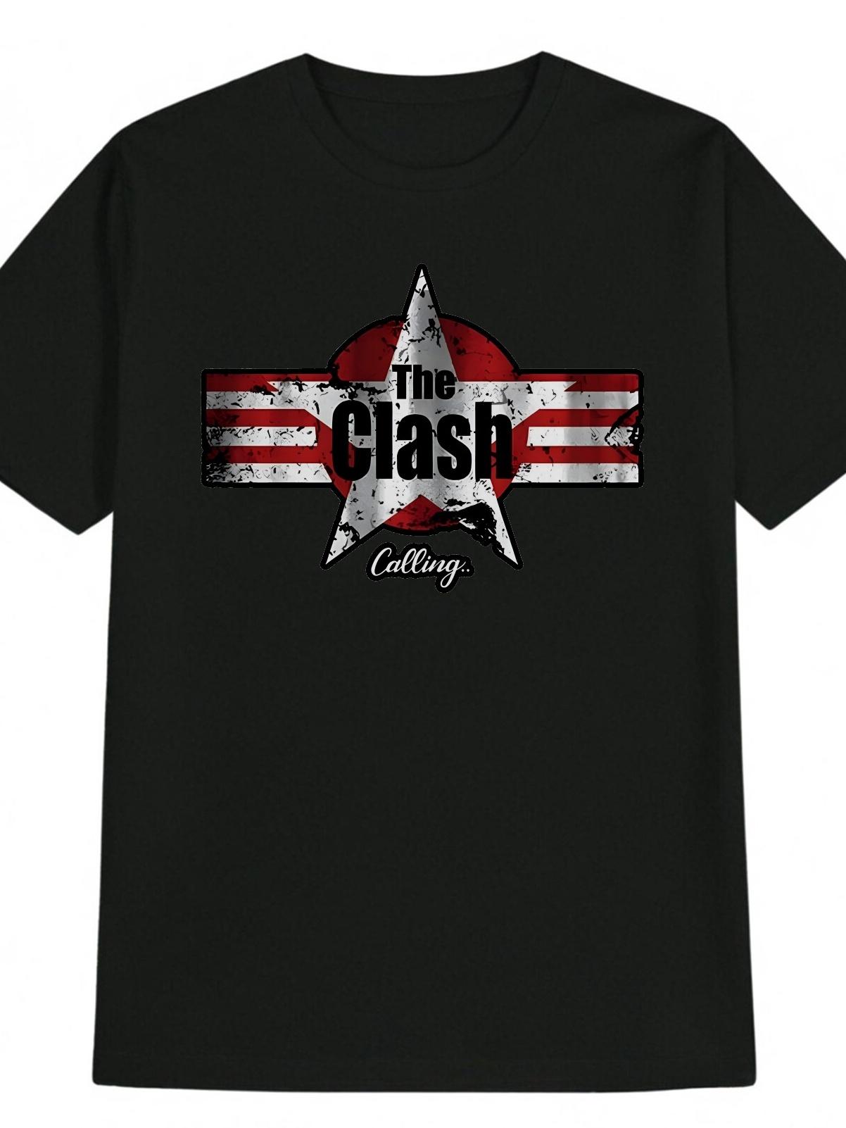 Casual Graphic T-shirt - Distressed American Flag & The Clash Lettering Design M