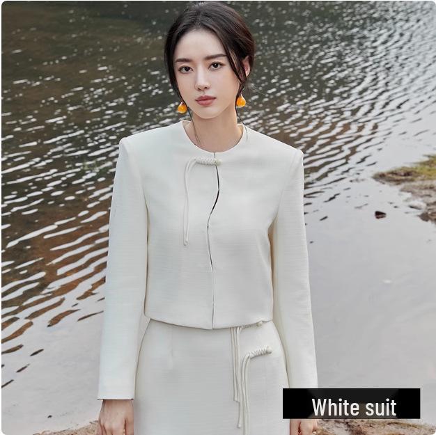 Beige Chinese Style OL Midi Skirt Set with Round Neck and Front Slit