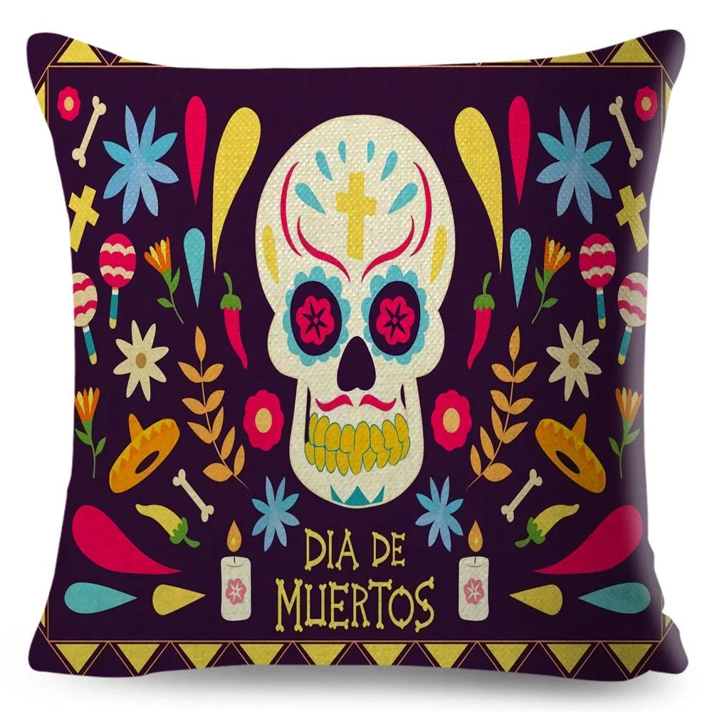 Day Of The Dead Pillowcase Decor Cartoon Mexico Flower Skull Print Cushion Cover for Sofa Home Polyester Pillow Case 45x45cm