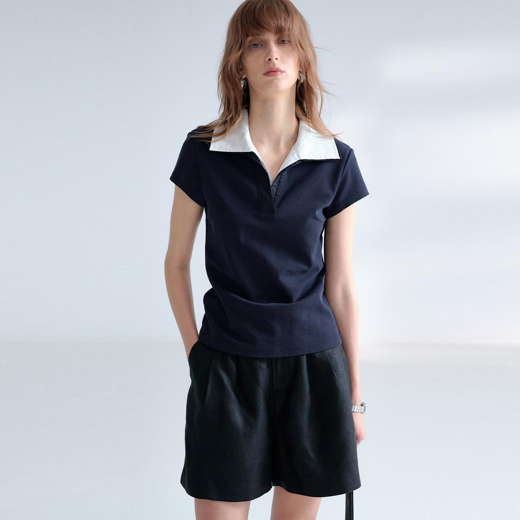 Noble acetic acid linen polo shirt women's summer lapel top commuter slim fit design Lyocell short-sleeved T-shirt
