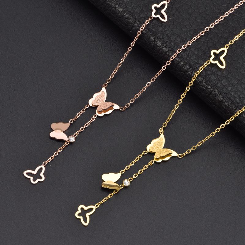 Non-Fading Sweet Fresh Necklace: Titanium Steel Tassel with Diamond-Embellished Multiple Butterflies