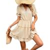 Women’s Summer Casual Short Sleeve Dress with Tie Waist Ruffled Hem V Neck Design Lightweight Fabric Elegant Style