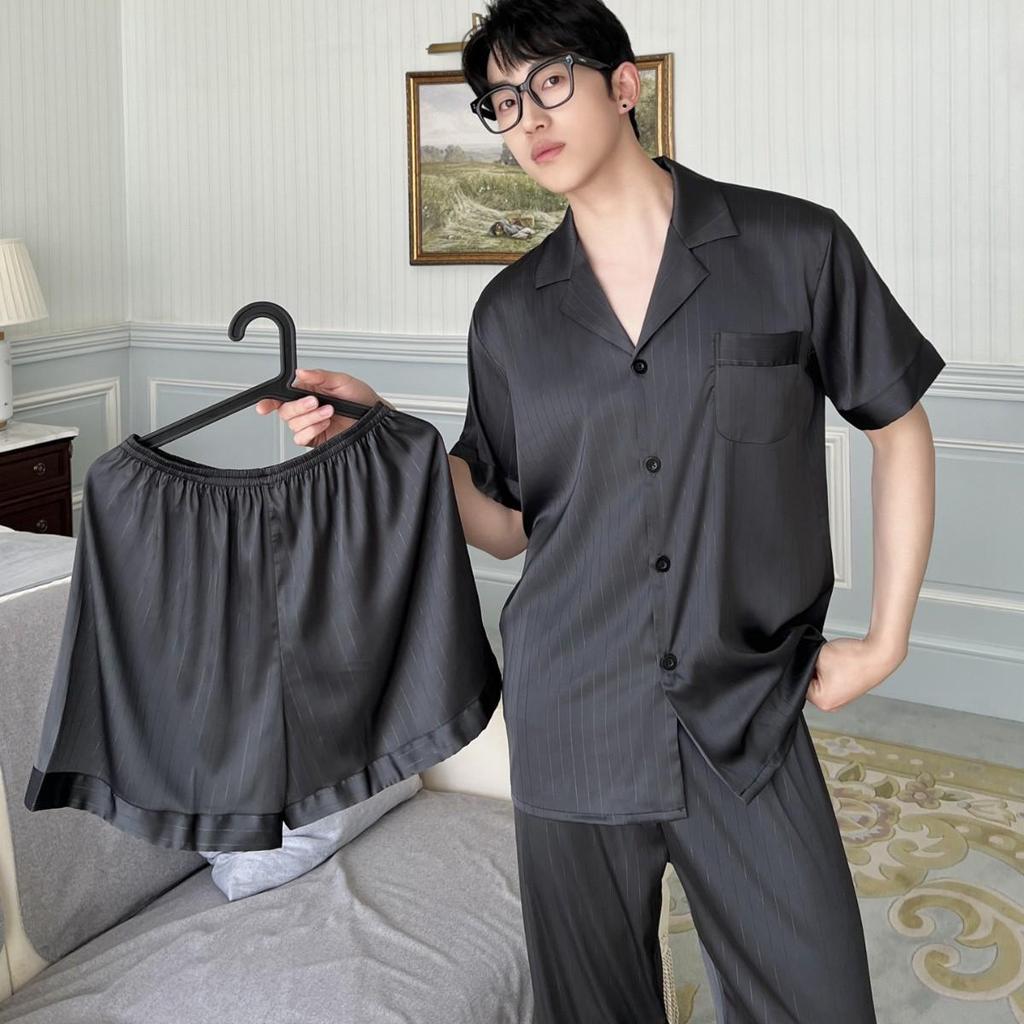 Men’s Luxury Ice Silk Pajamas: Long Sleeve, Light and Comfortable Spring/Autumn Homewear Set