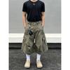 Blaexit American Vintage Black Workwear Capri Pants Multi-Pocket Shorts Casual Loose Wide-Leg Cargo Pants