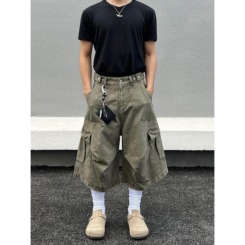 Blaexit American Vintage Black Workwear Capri Pants Multi-Pocket Shorts Casual Loose Wide-Leg Cargo Pants