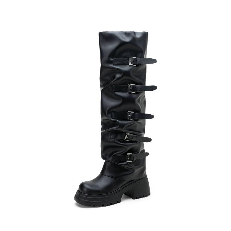  High Boots Punk Square Head Thick Sole Thick Heel High Heel Belt Buckle Pipe Boots But Knee Trouser Boots Knight Boots
