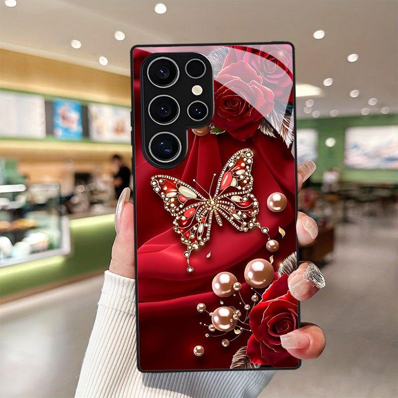 Red Satin Butterfly Rose Glass phone case mobile phones fashion phone cases for Samsung Galaxy S26 S25 S24 S23 S22 FE Ultra Plus