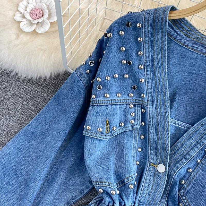 Giacca in denim da donna, primavera e autunno, ampia, alla moda, con perline, scollo a V, vita corta