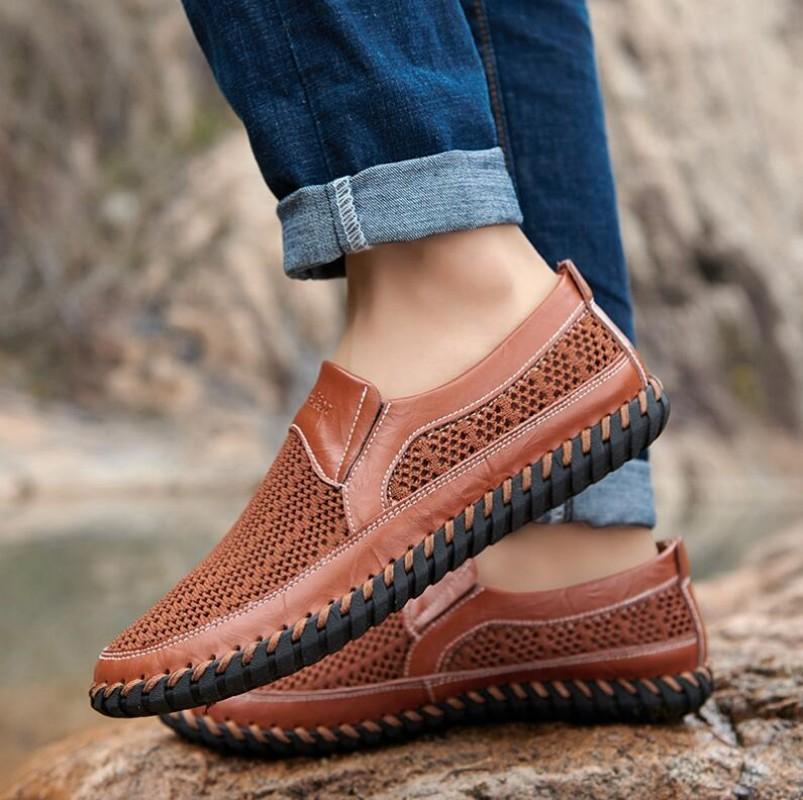 

Мужская повседневная обувь, мужские летние туфли на плоской подошве из сетки, мокасины, криперы, повседневная обувь высокого класса, очень удобный размер:38-46 46 темно-коричневого