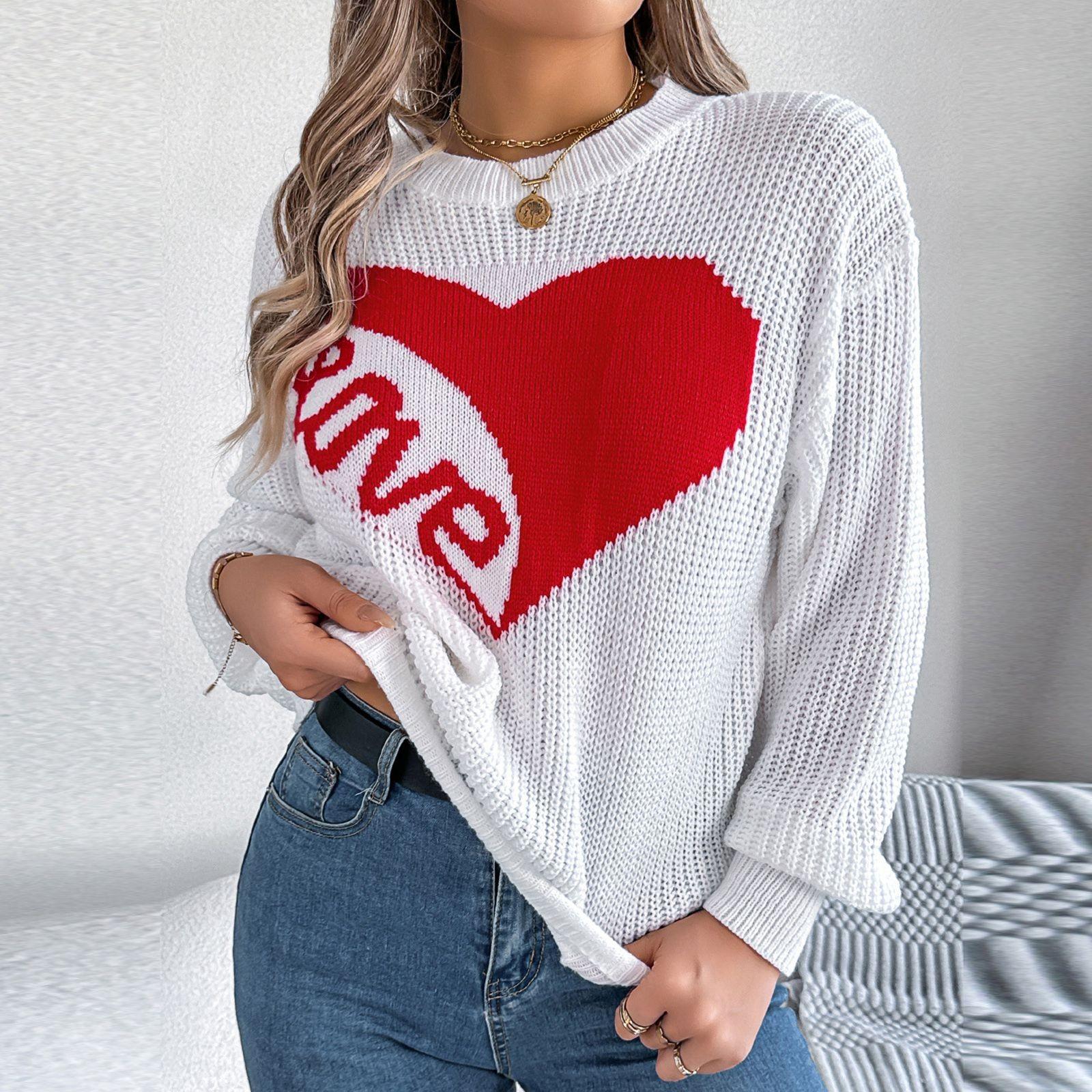 

Женская мода повседневный свободный свитер с длинным рукавом и принтом сердца LOVE XL белый