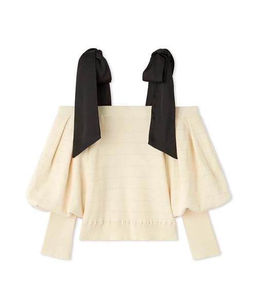 Lily Brown Ribbon Knit Top IVR Women's Off-the-Shoulder (LWNT244106)