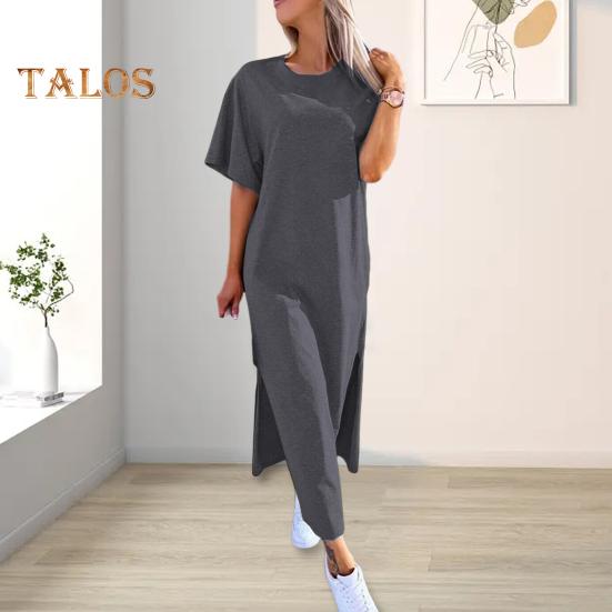 

Летнее женское платье свободного покроя с круглым вырезом и короткими рукавами с разрезом по бокам, сплошное цветное повседневное платье трапециевидной формы для поездок на работу до середины икры, миди-платье S светло-серый