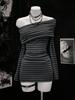 2025 Euro Beach Off-Shoulder Striped Knit Dress
