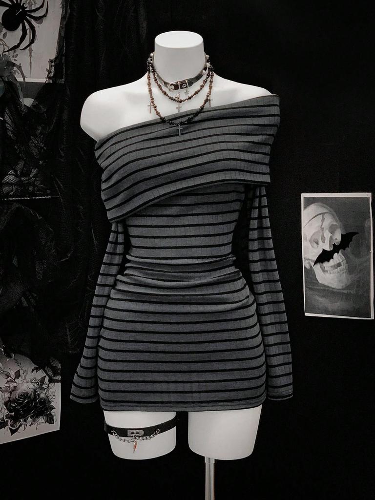 2025 Euro Beach Off-Shoulder Striped Knit Dress