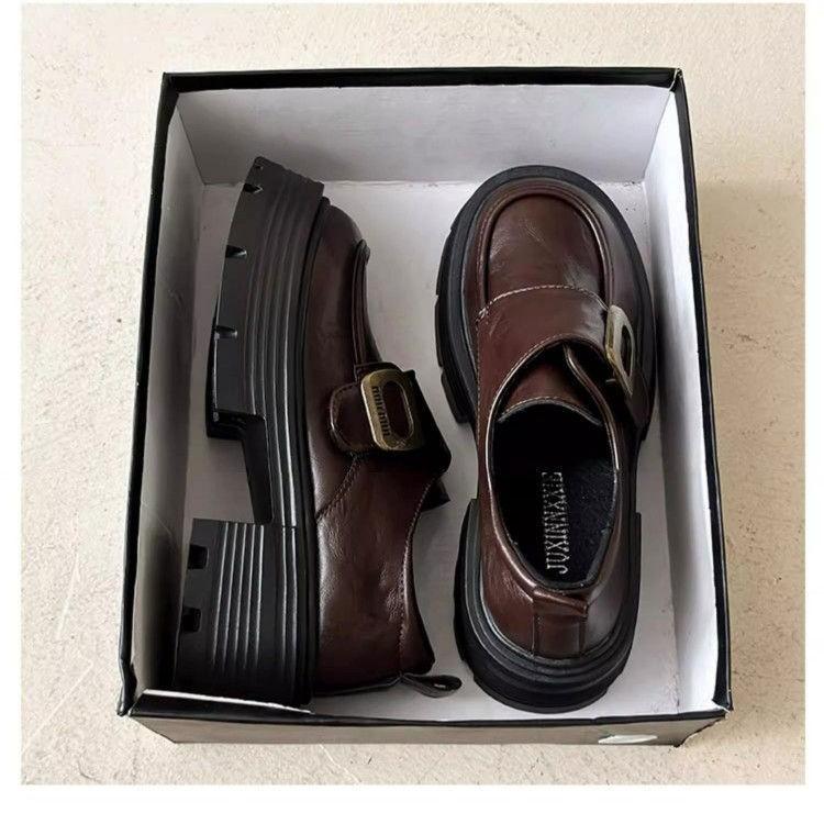 Platform women's autumn new retro round head thick heel small leather shoes Velcro high heel muffin single shoes