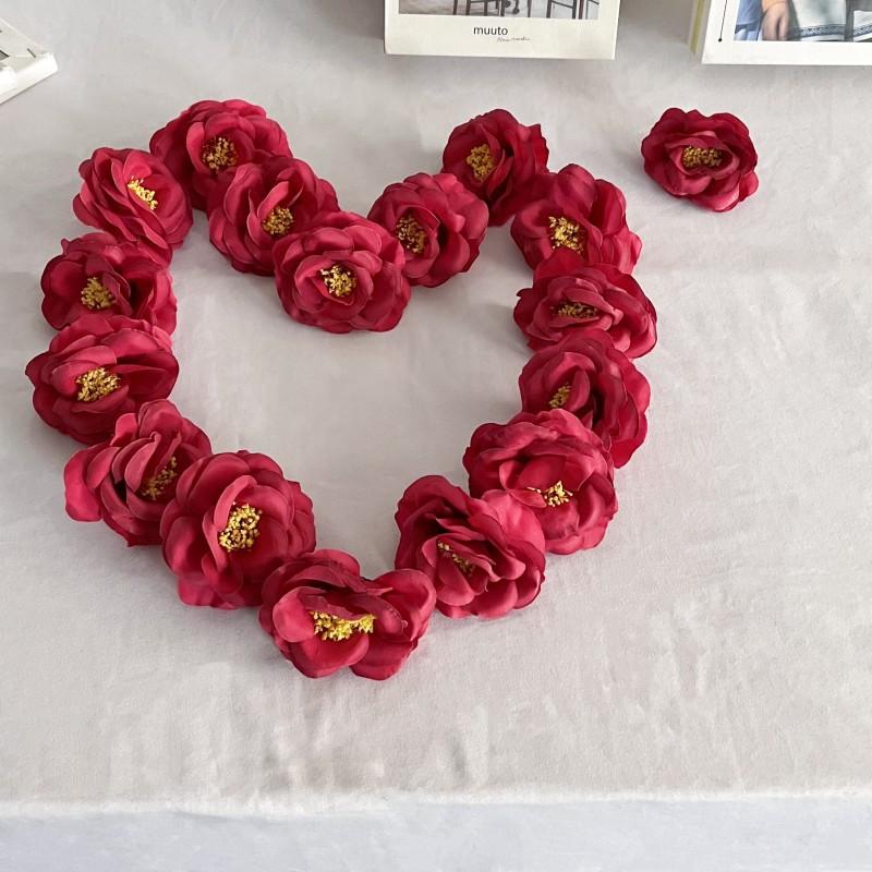 Camellia Flower Head Simulation Artificial Rose Decoration Fabric Flower Handmade Hotel Home Background Wall Props Red White