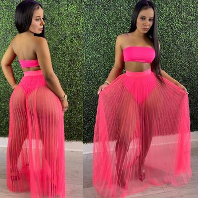 3Pcs/Set Vest Skirt Set Sexy Bandeau Tops High Waist Briefs Mesh Pleated Long Skirt Set Solid Color Outfit