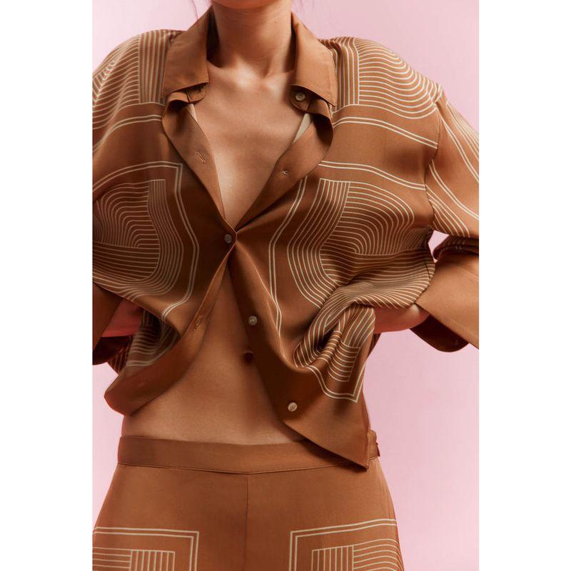 

Loose Print Diagonal Cloth Shirt 1280846 High Waist Straight-leg Linen Blend Casual Pants 1261232 Dark beige Tops L