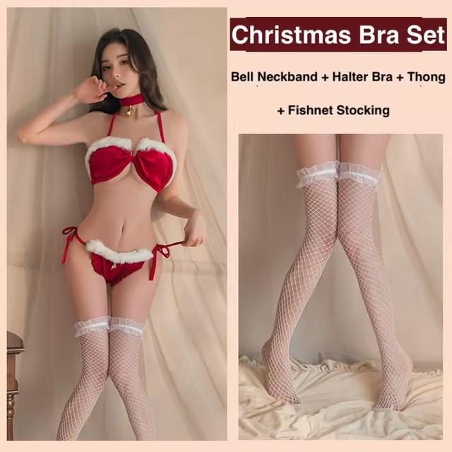 Christmas Outfit Santa Sexy Lingerie Women Babydoll Exotic Set Lace Up Plush Bra Pantie Halter Feather Ring Bell Neckband Bikini