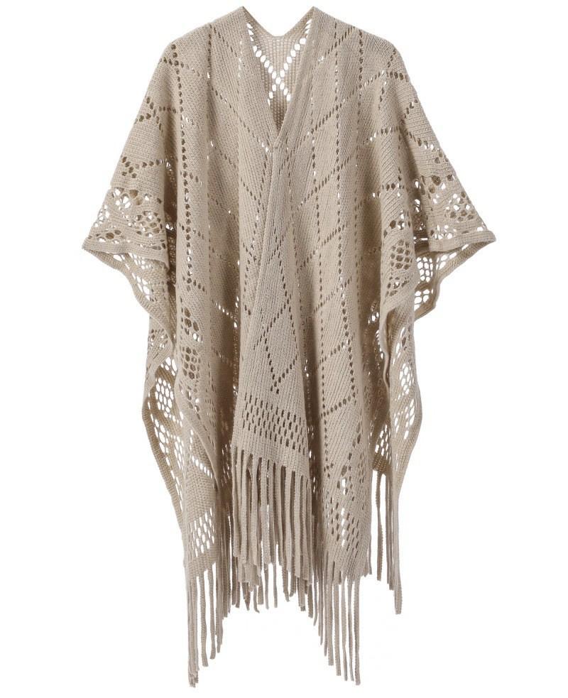 Hot-Selling Knit Shawl: Spring Summer Autumn, Hollow Design, Tassel Trim, Solid Color, Lightweight for European & American Styles.