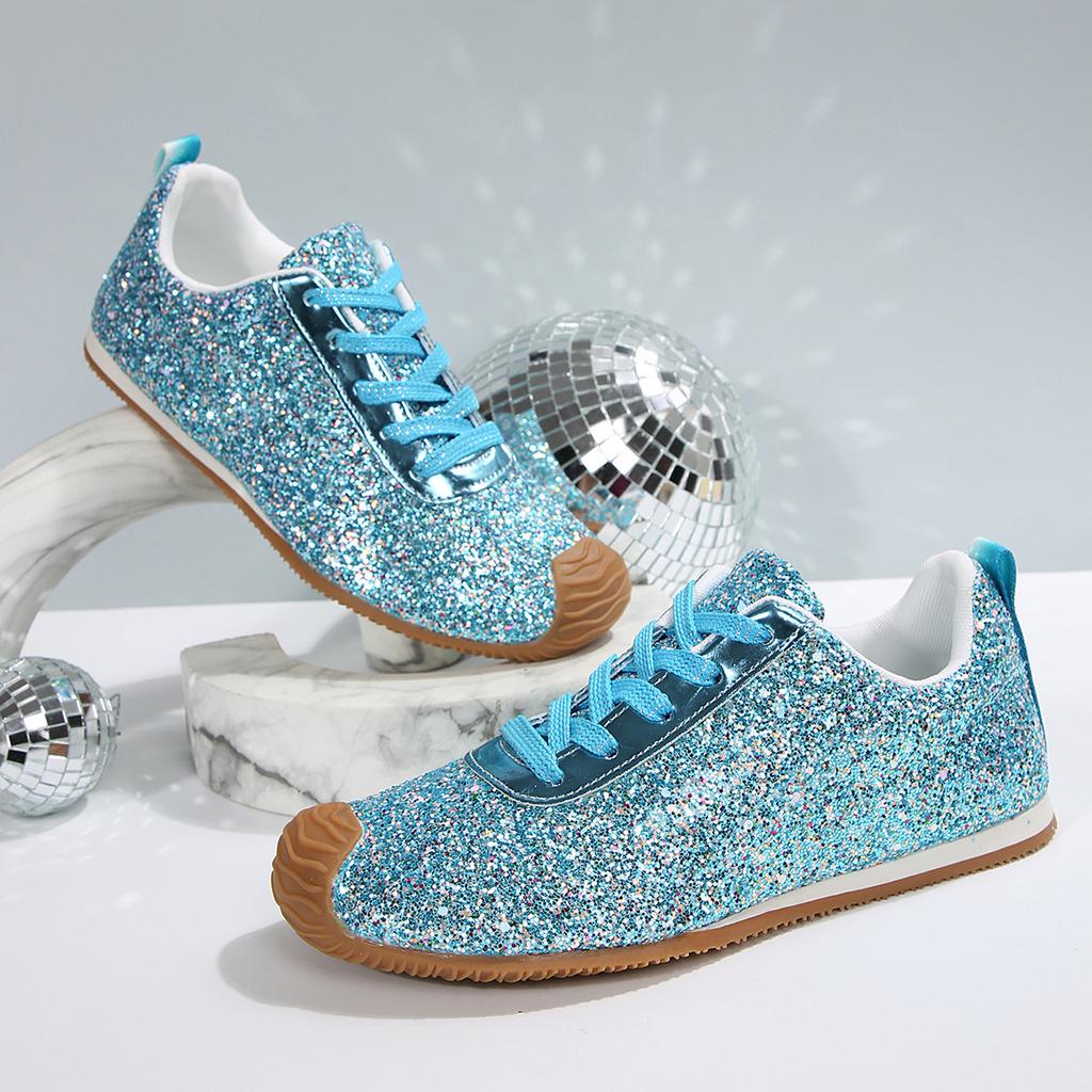 Large size flat-bottomed casual sports shoes women's new European and American sequined lace-up shoes