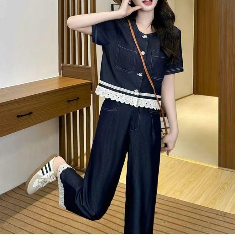 Women's Korean Lace Patchwork High-Waisted Wide-Leg Jeans, Petite Plus Size, Stylish Summer 2026