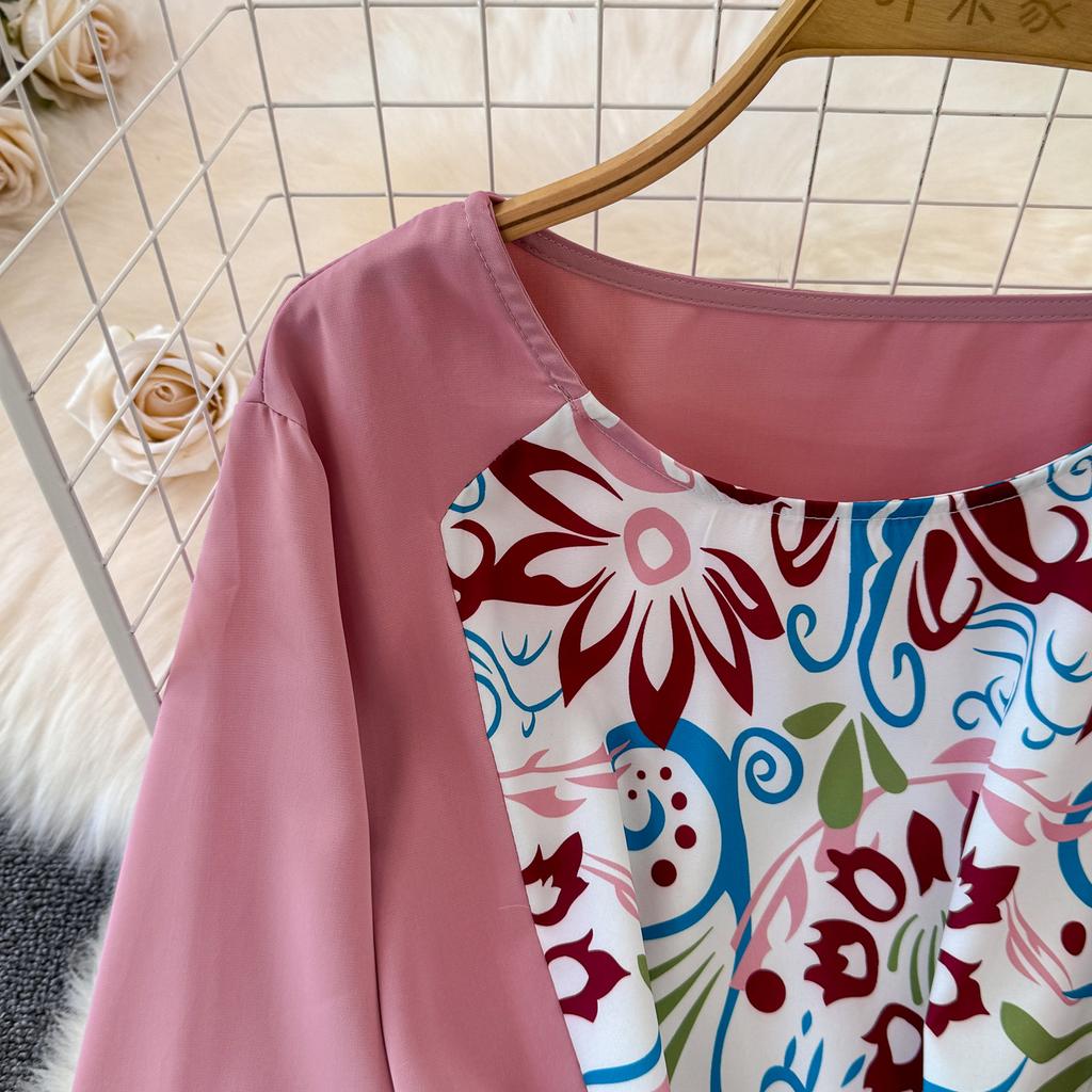 Podzimní Vintage Dámské Tištěné Patchworkové Dlouhé Šaty Elegantní O-Výstřih Vysoký Pas A-Linie Ležérní Maxi Šaty Dámské Sváteční Šaty