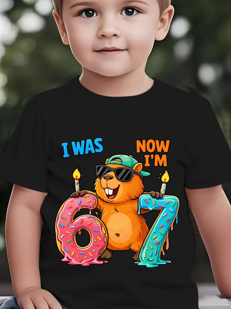 Girls Boys Fashion Short-Sleeve T-Shirt "I WAS 6 NOW I'M 7" Capybara Print Tee Kids Number 67 Cartoon Top 7th Birthday T-shirts