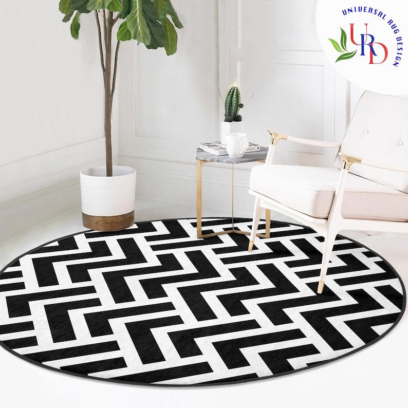 Eleganza Monocromatica Tappeto Nero e Bianco Geometrico Cerchio Tappeto Antiscivolo Rotondo Tappetino per Casa Multiuso Tappetino da Pavimento