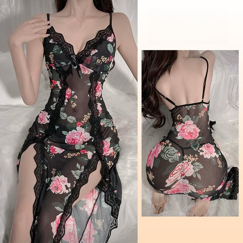 Netz-Blumenmuster Spitze Nachthemd Transparent Lang Hoher Schlitz Damen Loungewear 769 Romantische Feminine Nachtwäsche mit Schönen Blumenmustern