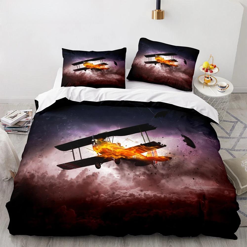 Airplane King Queen Full Duvet Cover Vintage Fighter Bedding Set for Kids Teens Adults Sky Clouds Grey 2/3pcs Soft Quilt Cover